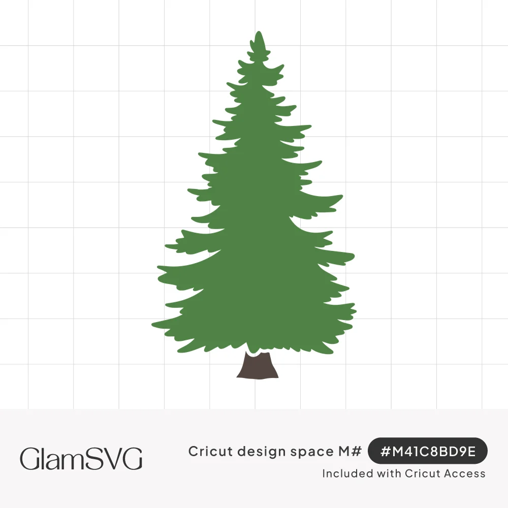 Green fir tree silhouette with feathery layered branches and a small brown trunk on a white background