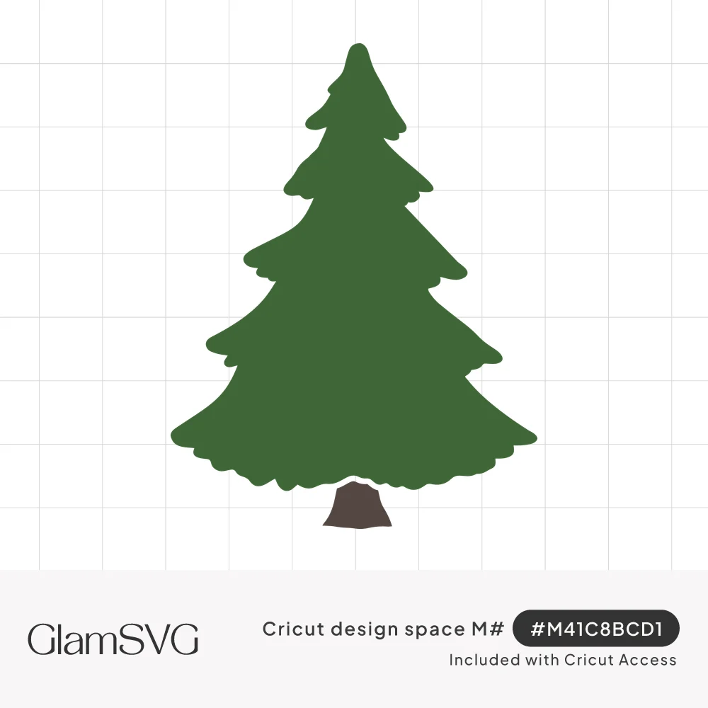 Solid green fir tree silhouette with scalloped branch tiers and a small brown trunk on a white background