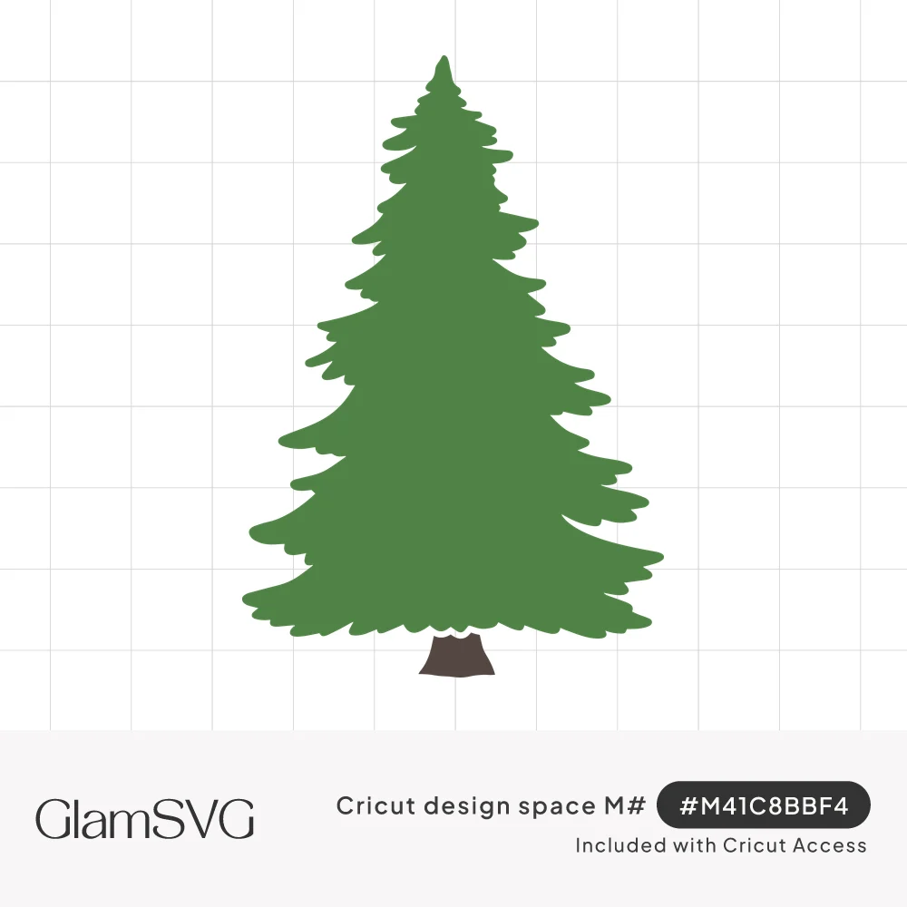 Green evergreen fir tree silhouette with shaggy layered branches and a small brown trunk on a white background