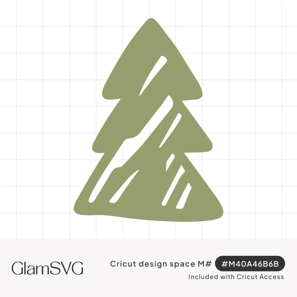 Sage green hand-drawn fir tree with three tiers and sketchy white highlight strokes on a white background