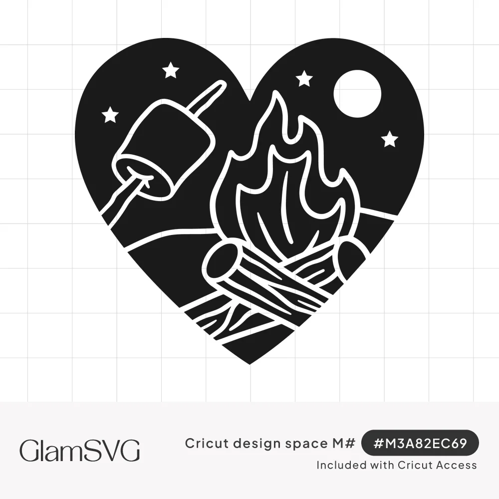 Black heart silhouette with white line art of a campfire, marshmallow on a stick, hills, full moon and stars