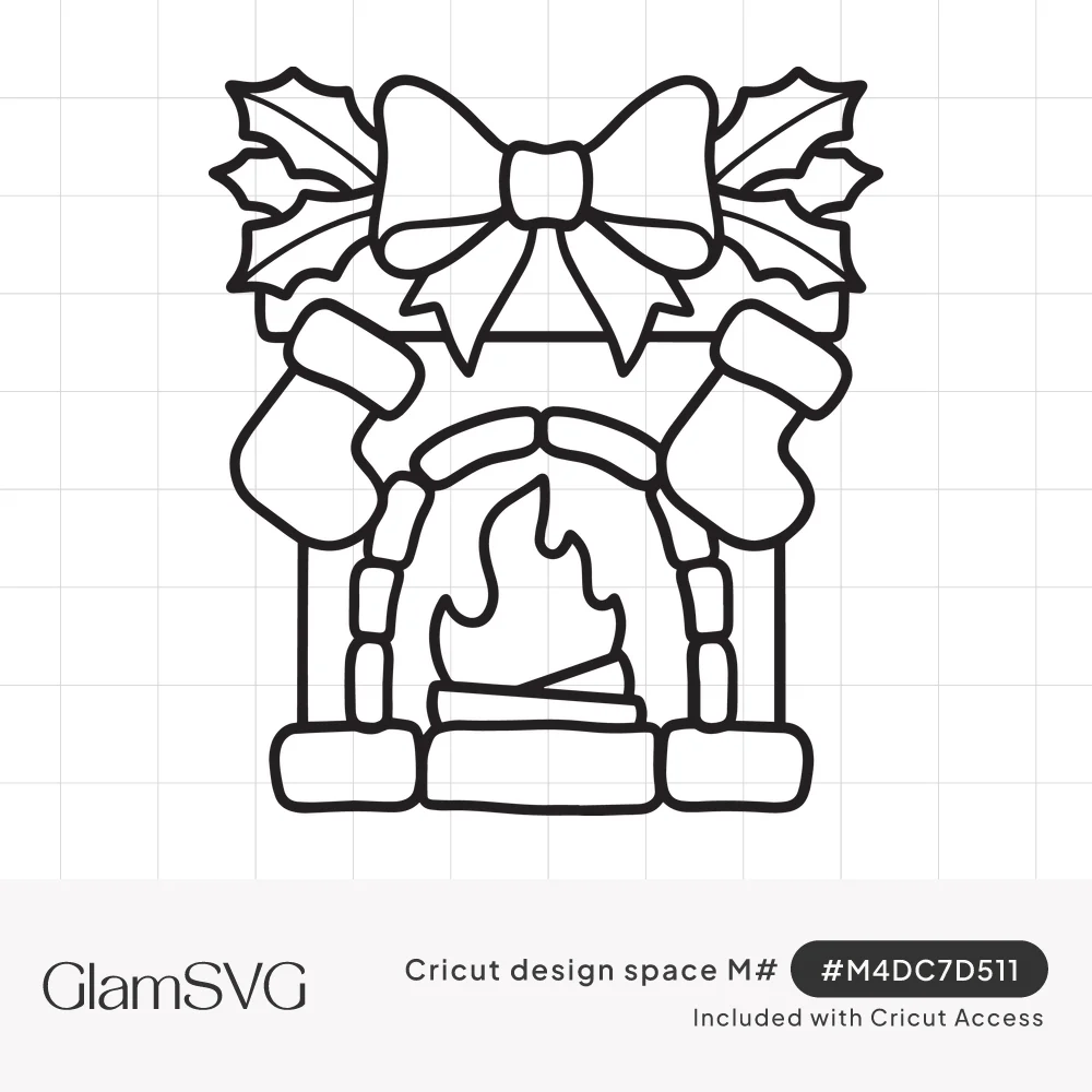 Black outline of a stone fireplace with a fire, two hanging stockings, holly leaves and a large bow on top
