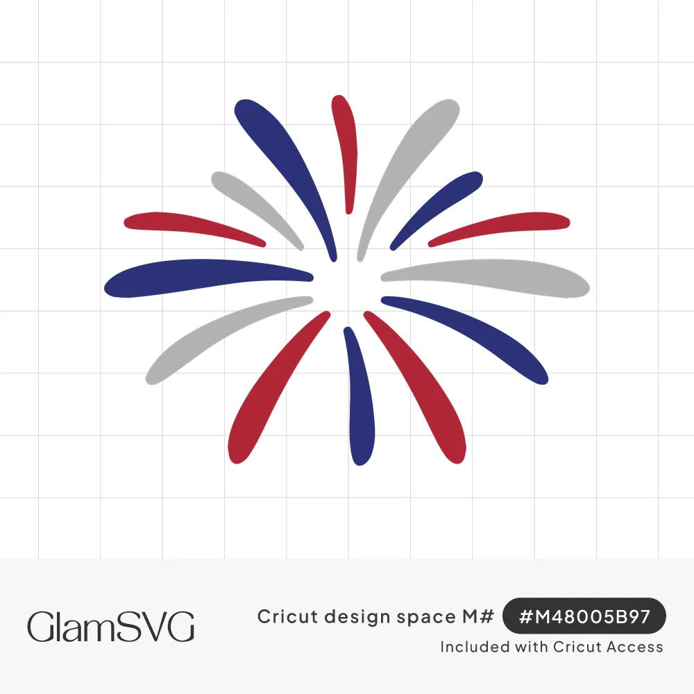 Firework burst of tapered red, navy blue and silver gray rays radiating from an open center