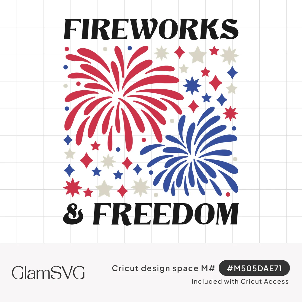 Red and navy fireworks bursts with scattered stars between bold black text reading Fireworks & Freedom