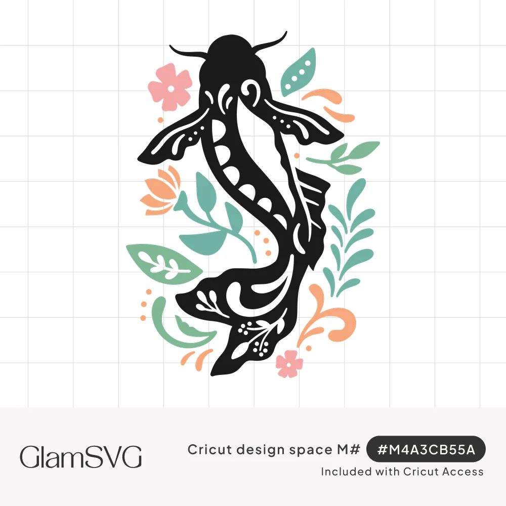 Black silhouette koi fish with decorative cutouts surrounded by pink flowers, green leaves and peach swirls