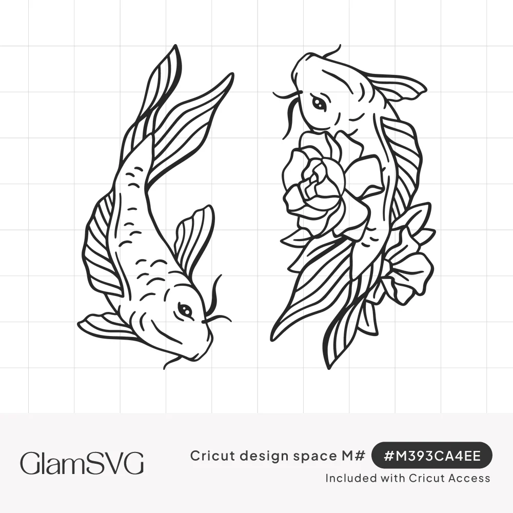 Black line art of two koi fish swimming in opposite directions, one beside a blooming peony flower