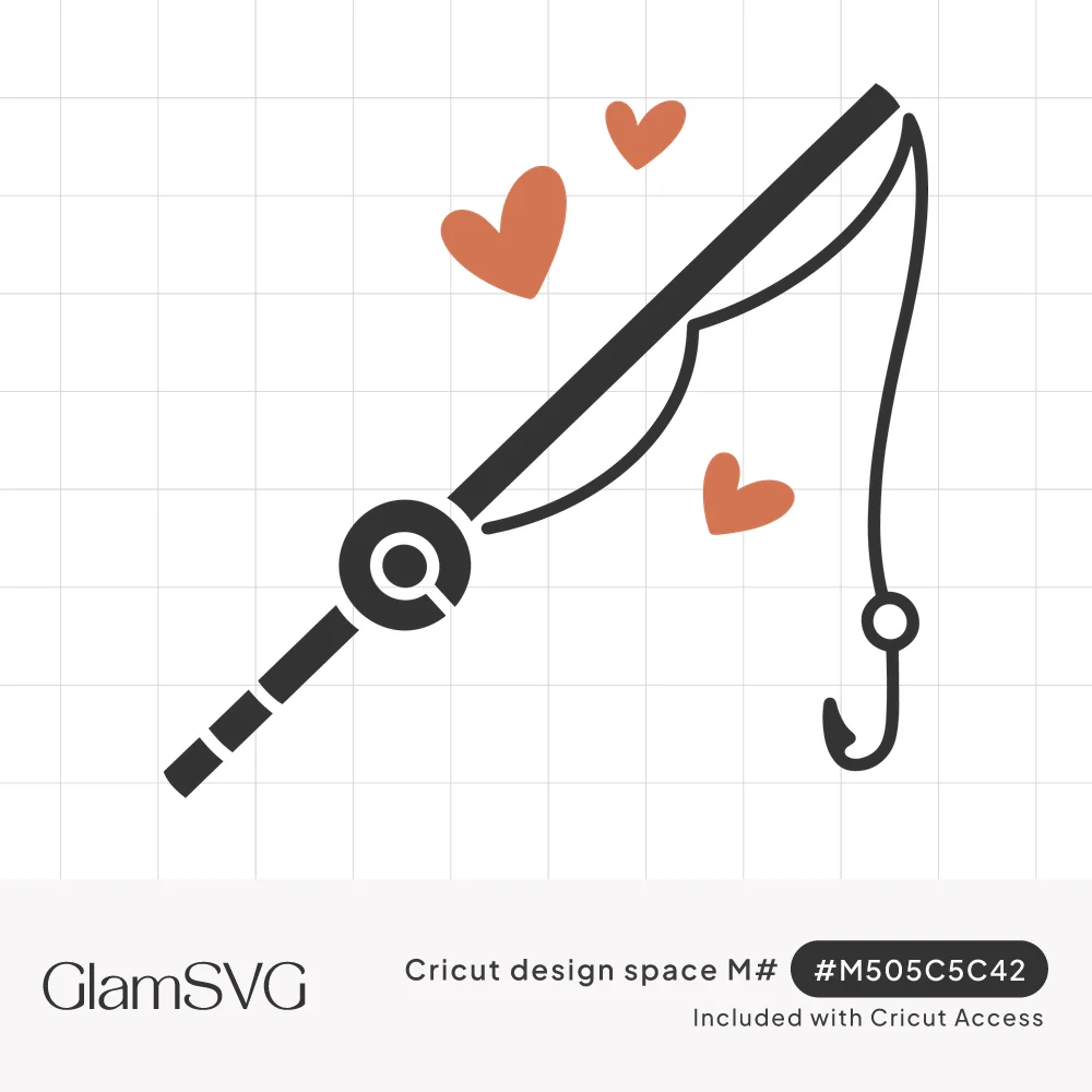 Black fishing rod with reel, curved line and hook, surrounded by three small coral hearts