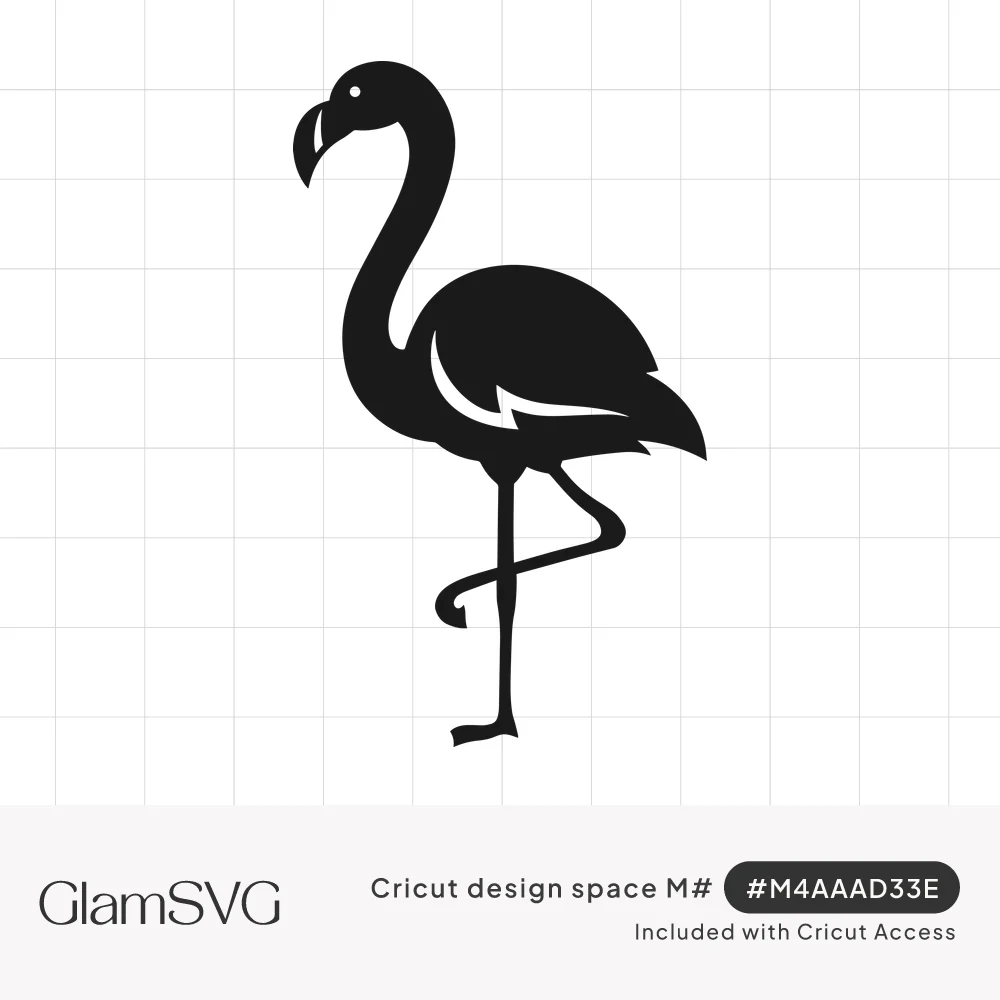 Solid black silhouette of a flamingo standing on one leg with a curved neck and cutout wing feather details
