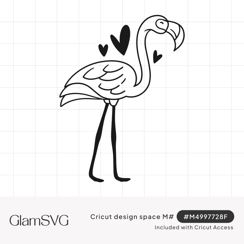 Black line drawing of a standing flamingo with a curved neck and three small hearts floating beside it