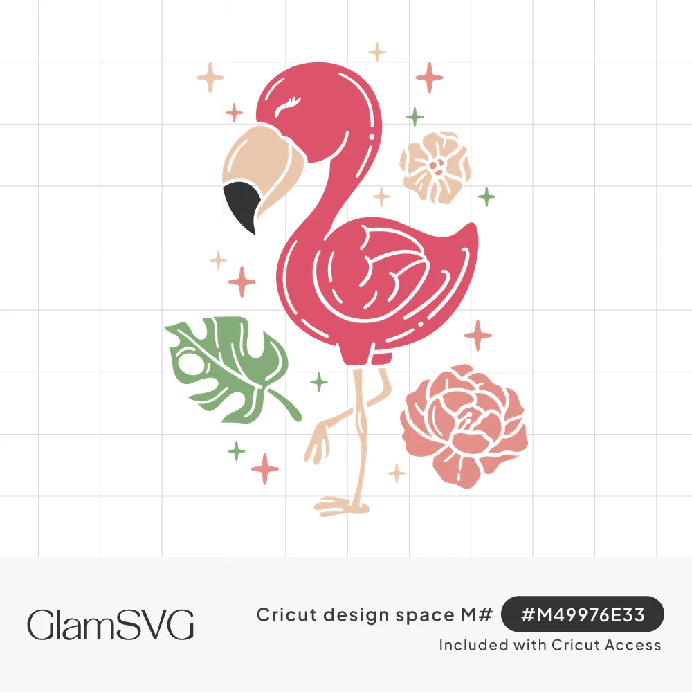 Pink flamingo standing on one leg with closed eyes, surrounded by a monstera leaf, hibiscus, coral rose and sparkles