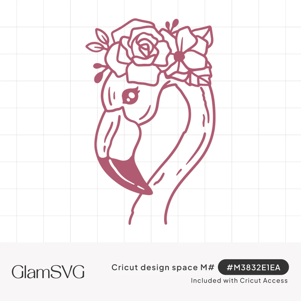 Line drawing of a flamingo head and neck wearing a crown of roses and flowers, in dusty pink