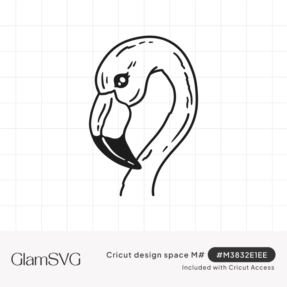 Black line art drawing of a flamingo head and curved neck in profile with a dark-tipped beak and lashed eye