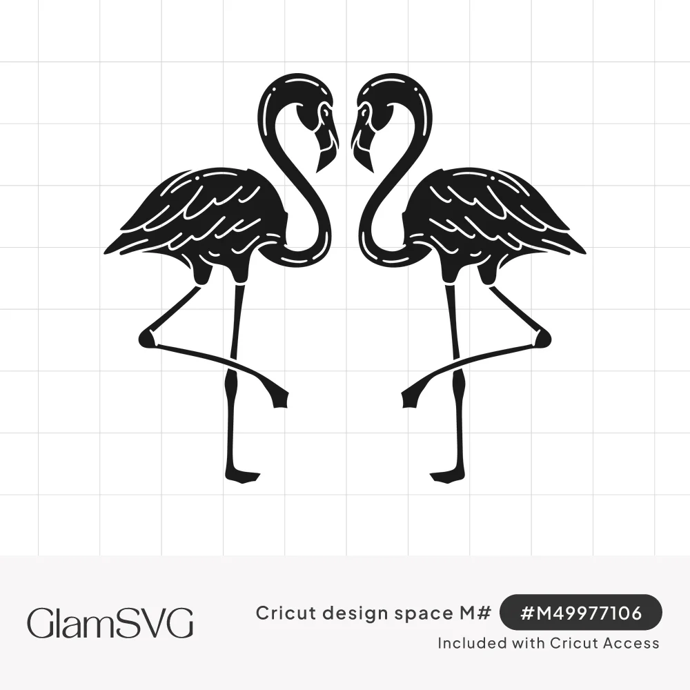 Two black silhouette flamingos standing on one leg, facing each other with necks curved to form a heart shape
