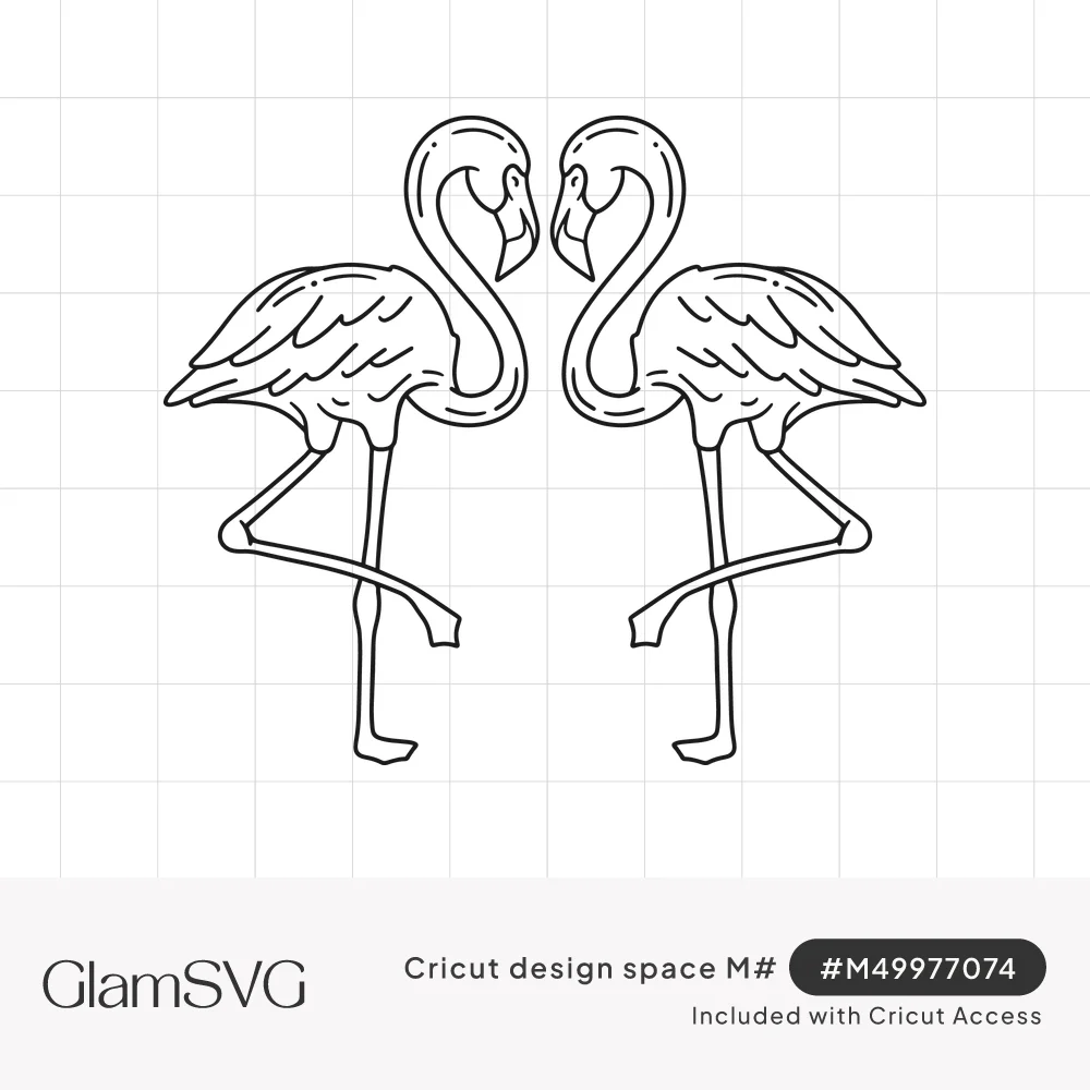 Line drawing of two flamingos standing on one leg facing each other, their necks curving to form a heart shape
