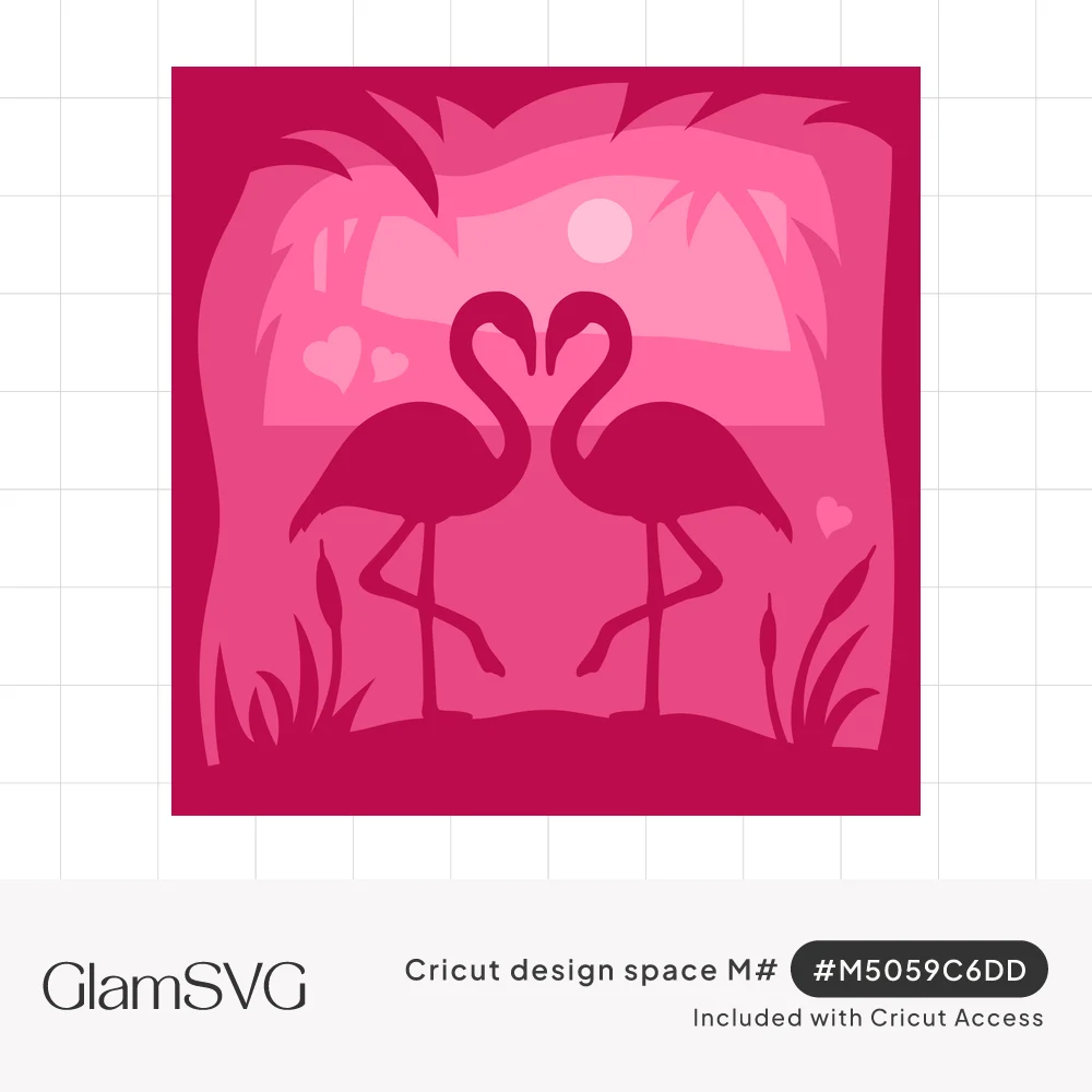 Layered pink shadow box of two flamingos forming a heart with their necks, framed by palm leaves, reeds, sun and hearts