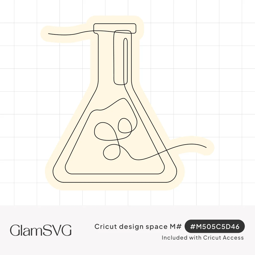 Single continuous line drawing of an Erlenmeyer lab flask with looping swirls inside and lines trailing out both sides