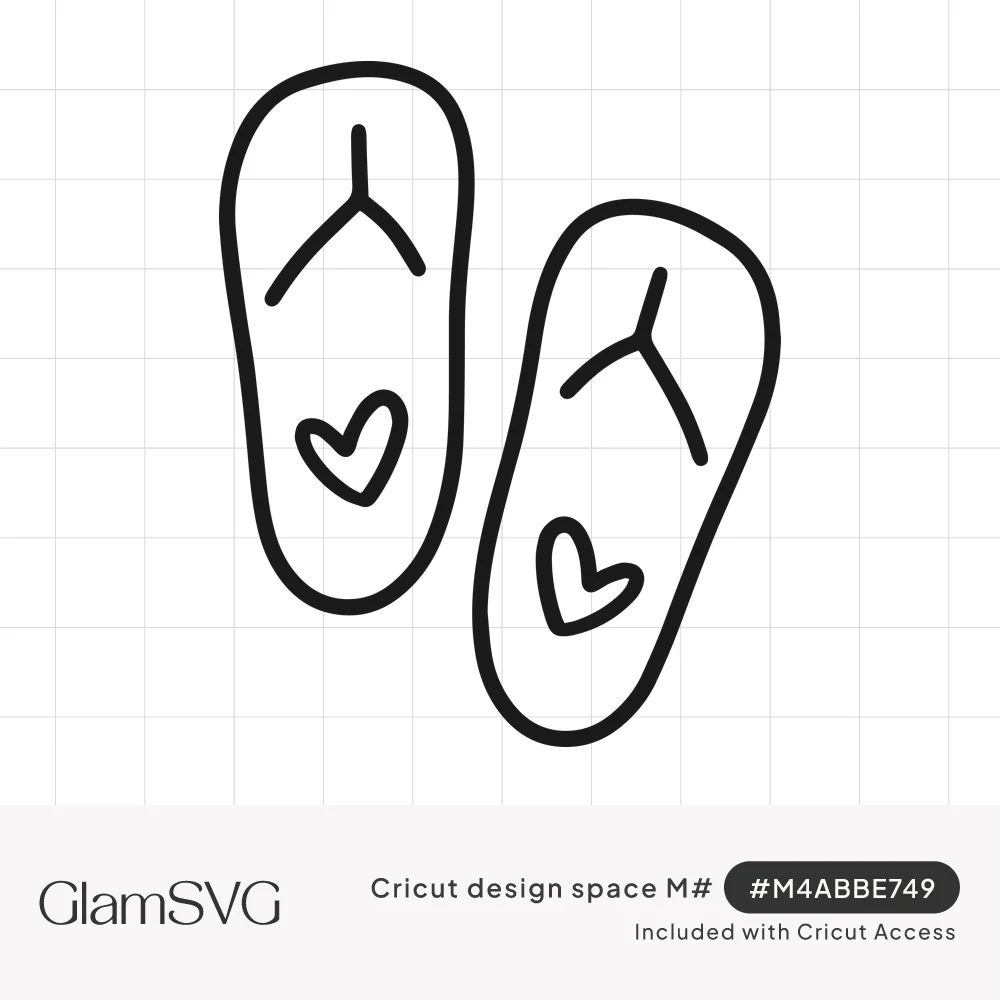 Black outline drawing of a pair of flip flops, each with a small heart on the sole