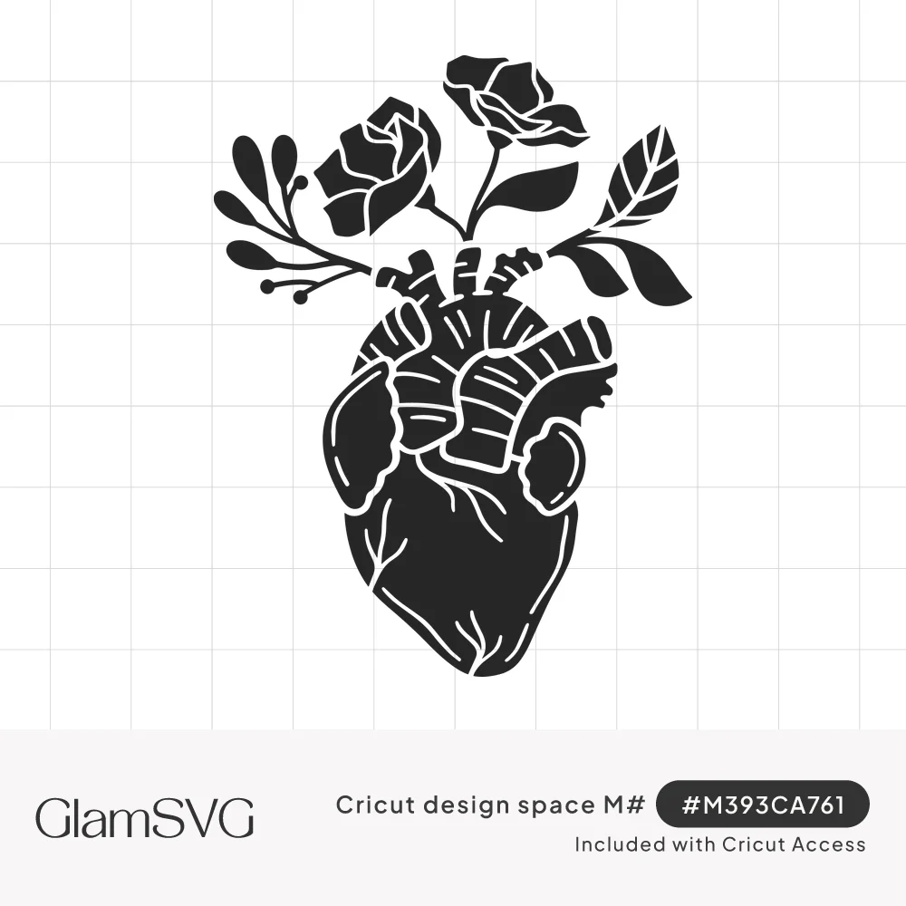 Black silhouette of an anatomical heart with two roses and leafy branches growing from its arteries