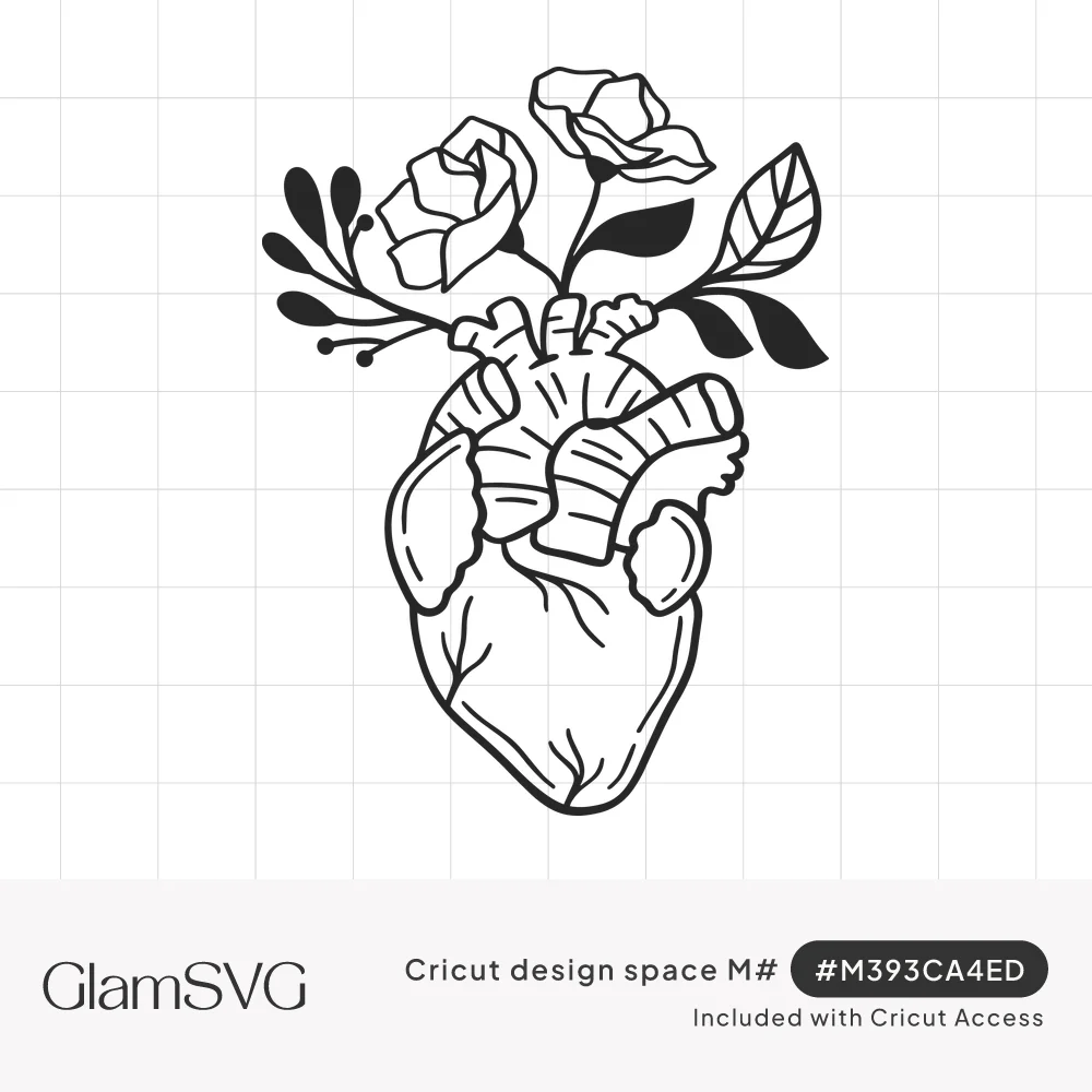 Black line art of an anatomical heart with roses and leafy sprigs growing out of its top arteries