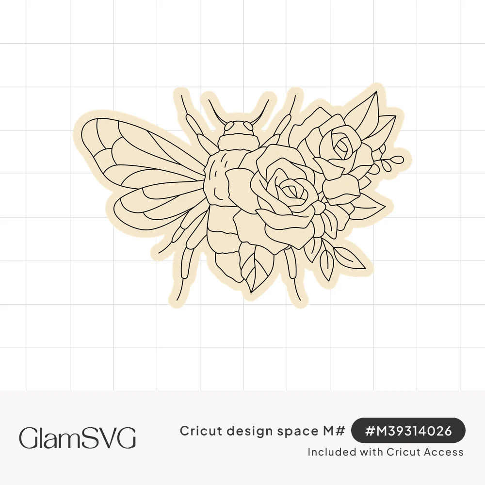 Black line art bumble bee with veined wings and a cluster of roses and leaves on a cream background
