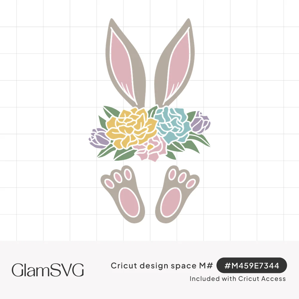 Gray bunny ears with pink centers above a row of pastel flowers, with two bunny feet with pink pads below