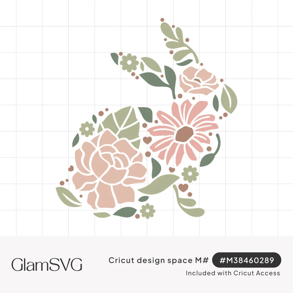 Rabbit silhouette filled with pink roses, a daisy, sage green leaves, small flowers and tiny hearts in soft pastel tones