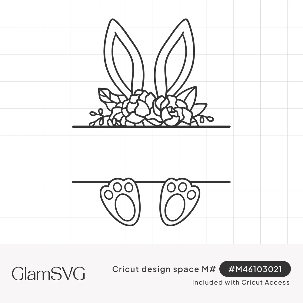 Outline split frame with bunny ears and peony flowers on top and two bunny paw feet below an empty name space