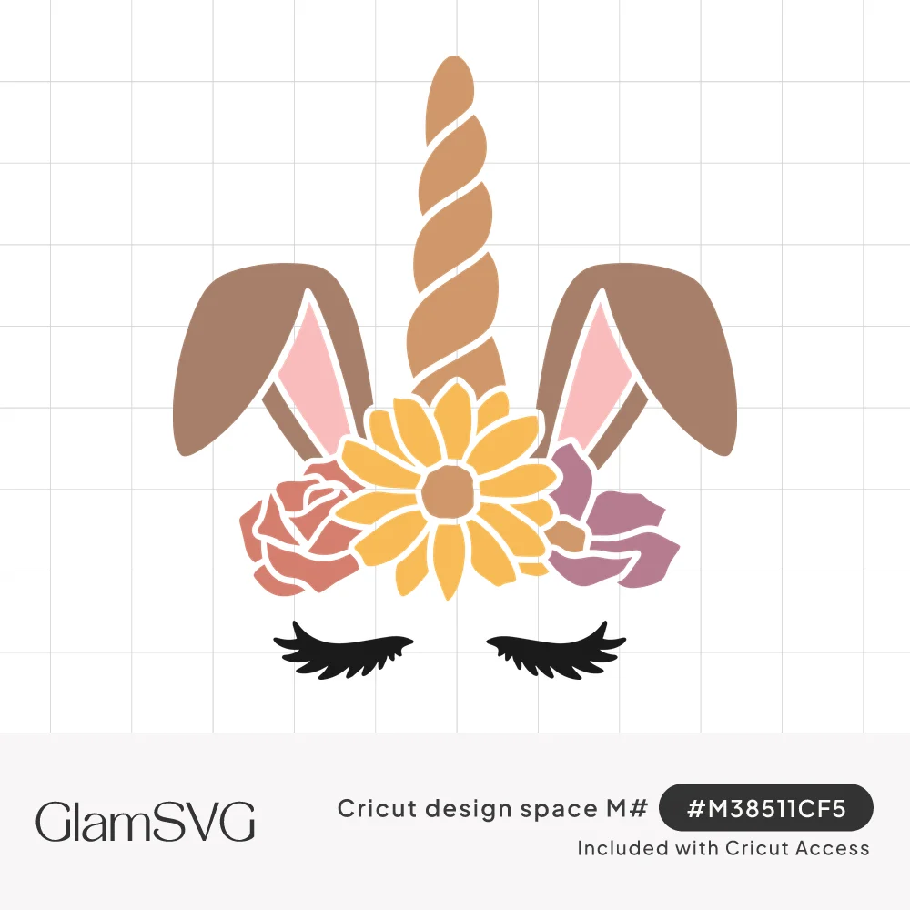 Bunnycorn face with spiral horn, brown bunny ears, sunflower and rose flower crown, and closed eyelashes