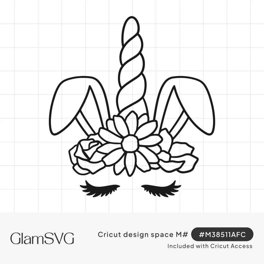 Outline of a unicorn horn with bunny ears, a crown of daisies and roses, and closed eyelashes below