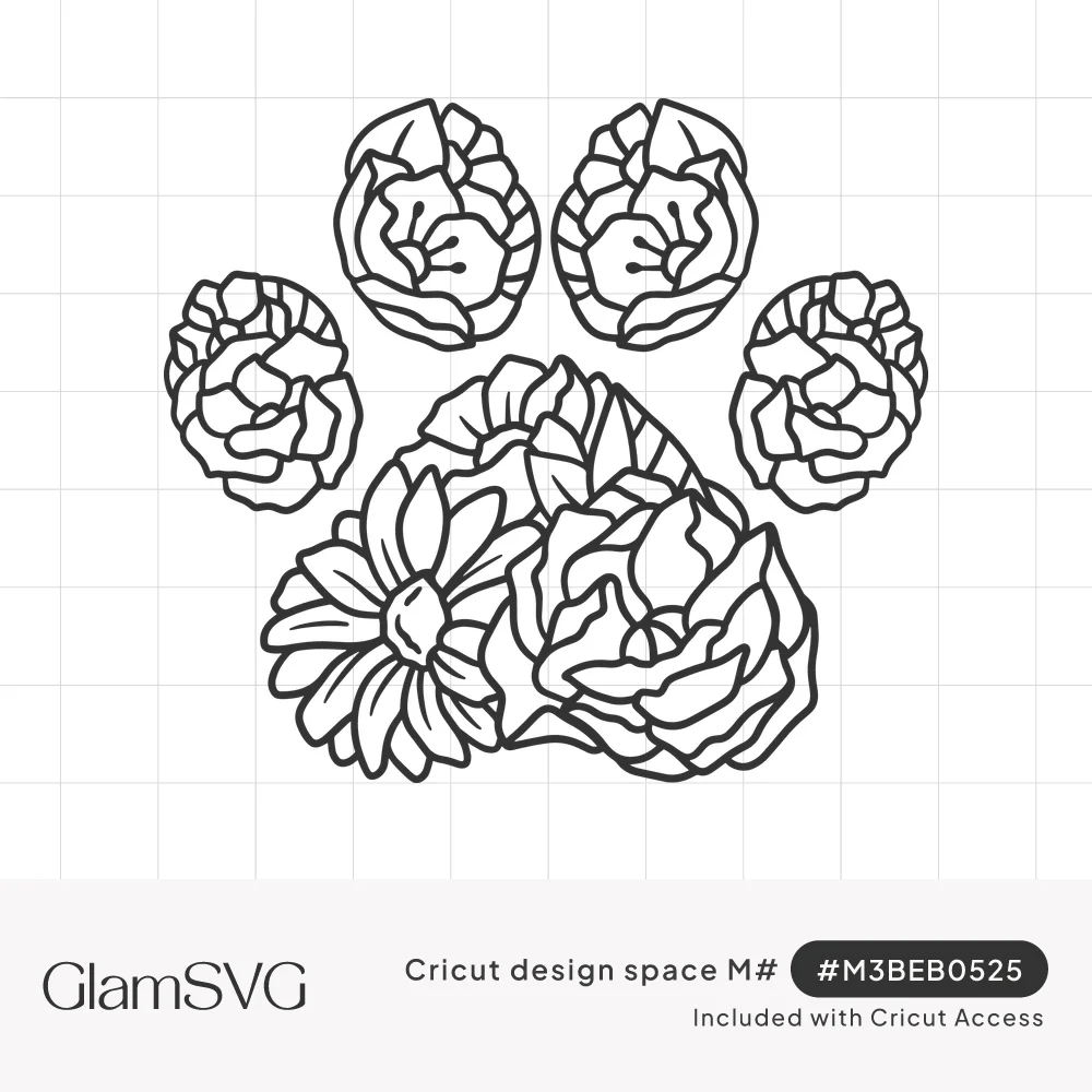 Black line art cat paw print with roses in each toe and a daisy and peonies filling the main pad