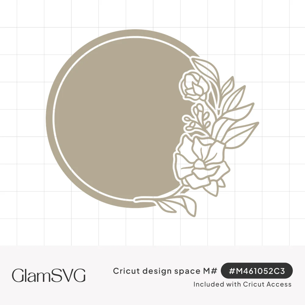 Solid taupe circle frame with a thin inner outline and line-art roses and leaves climbing its right edge