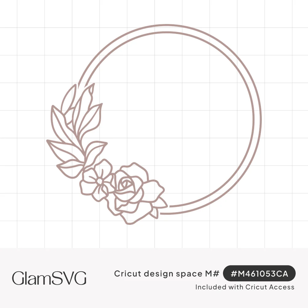 Line art circle frame made of two thin rings with a rose, small flower and leaves clustered at the lower left