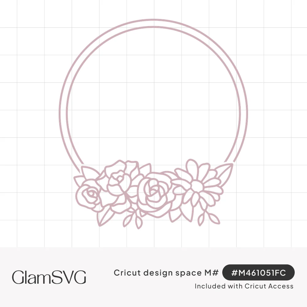 Outlined double circle frame with a cluster of roses, a daisy and leaves along the bottom in soft pink line art