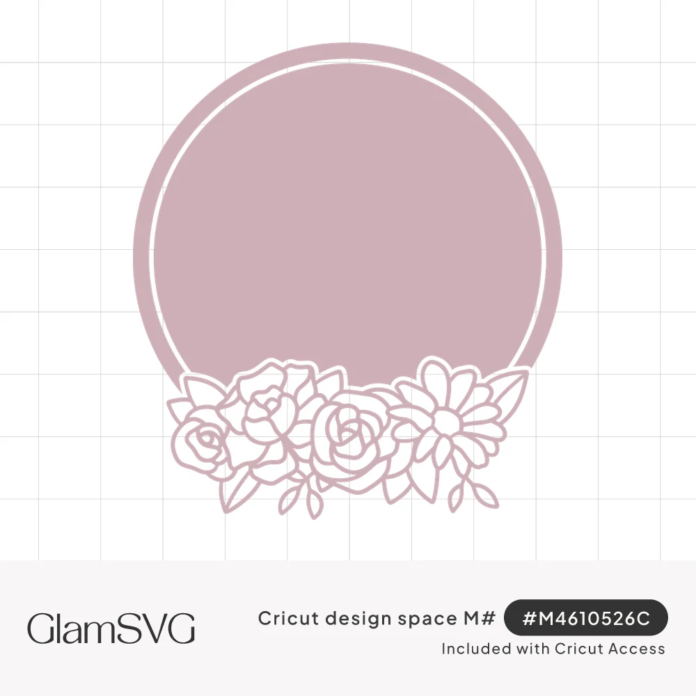 Dusty pink circle frame with a thin inner ring and outlined roses, a daisy and leaves clustered along the bottom