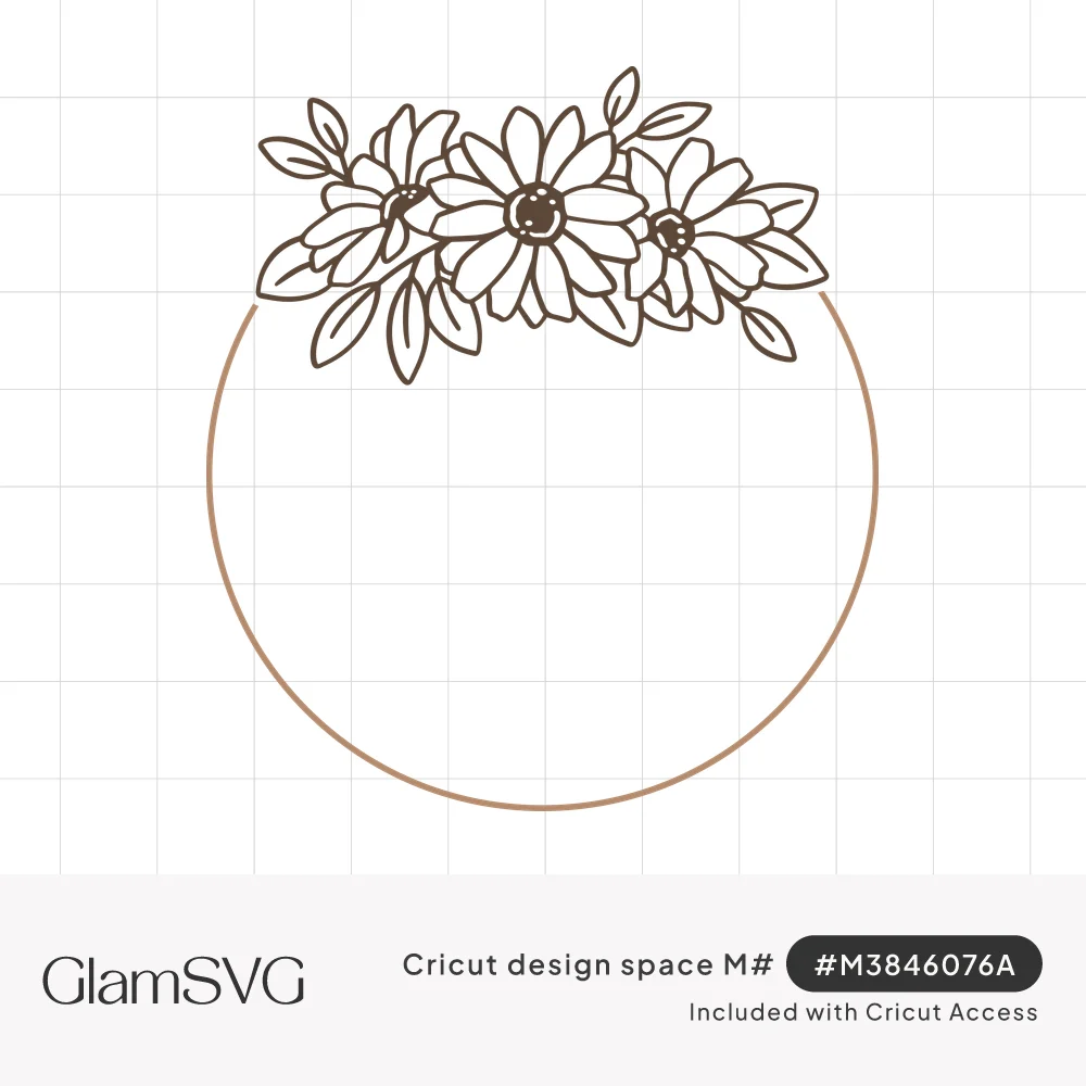 Thin circle frame topped with a cluster of three line-drawn daisies and leaves, with an empty center