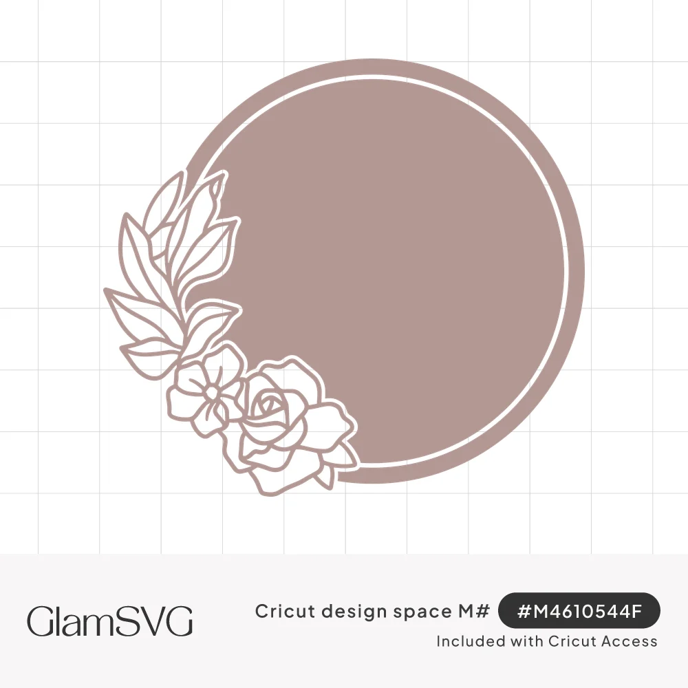 Dusty pink circle frame with a thin inner ring and outlined roses, a small flower and leaves on the lower left side