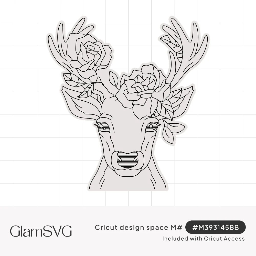 Fine line drawing of a deer face with roses and leaves growing among its antlers, hatched eyes and nose