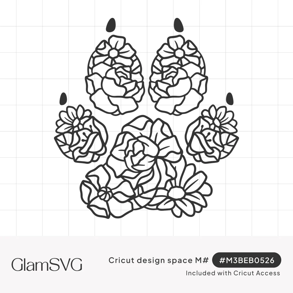 Black line art dog paw print with each pad filled with roses, daisies and leaves, topped by small claws