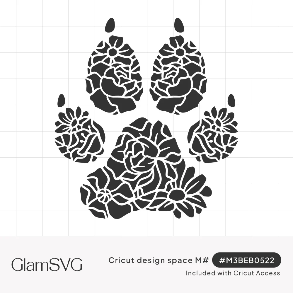 Black dog paw print with claws, each pad filled with white-outlined roses and daisies in a floral cutout design