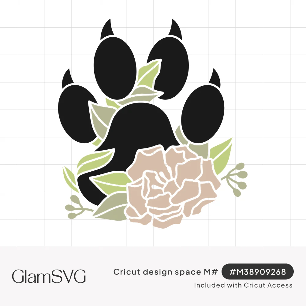 Black dog paw print with claws, a blush pink rose and sage green leaves layered around its base