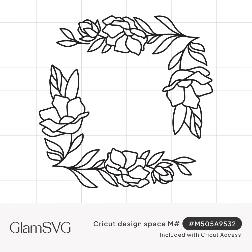 Black line art square frame of open flowers and leafy stems at two corners, leaving an empty space in the center