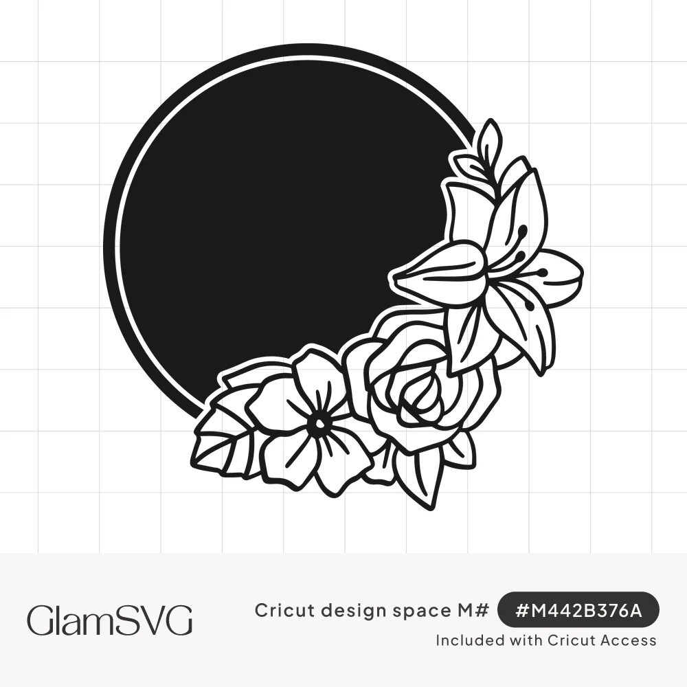 Solid black circle frame with outline ring and line-drawn lily, rose and blossom flowers along the lower right edge