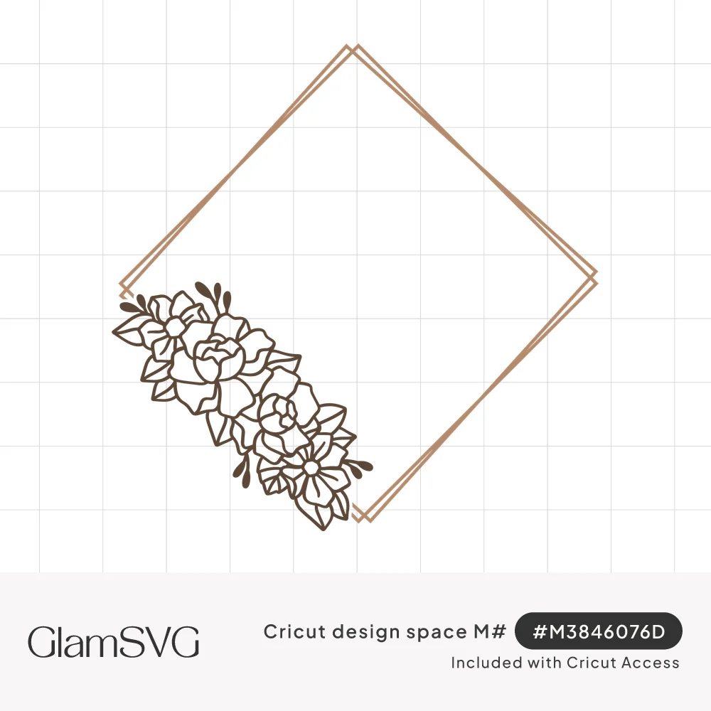 Double-lined geometric diamond frame with a cluster of outlined peonies and leaves in the lower left corner