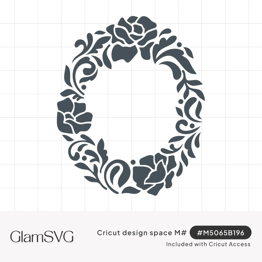 Single-color oval frame of roses with swirling leaves and small dots surrounding an empty center