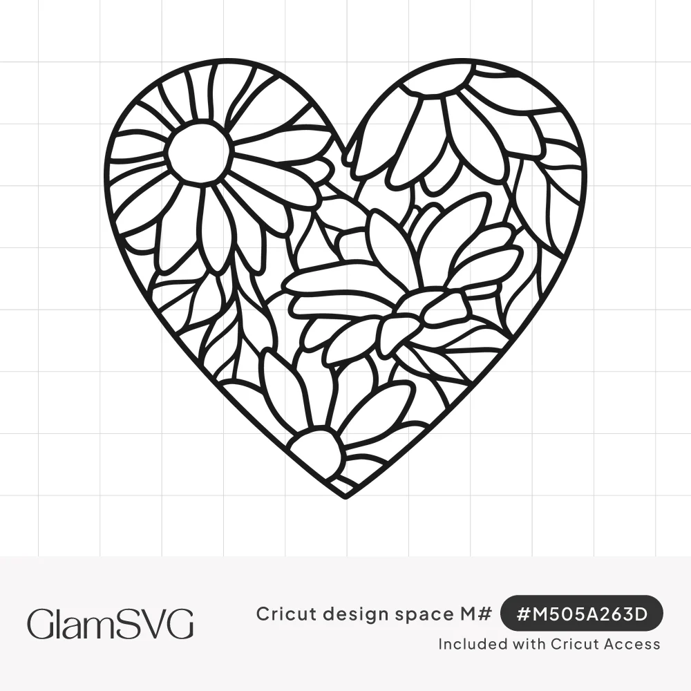 Black line art heart filled with daisy flowers, overlapping petals and leaves on a white background