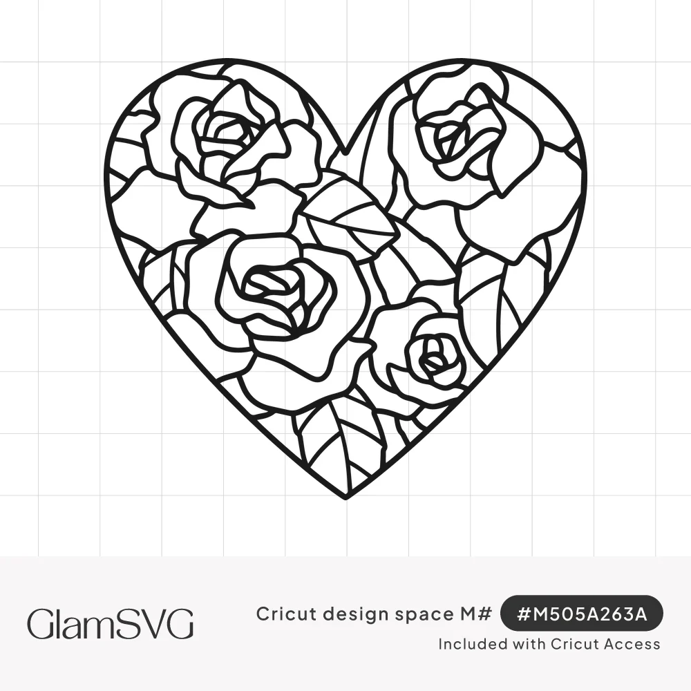Black line art heart filled with four roses and leaves in a stained-glass style cutout pattern