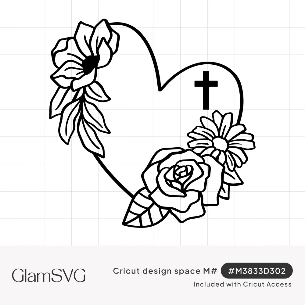 Black line art heart outline framed with a magnolia, rose, daisy and leaves, with a small cross inside