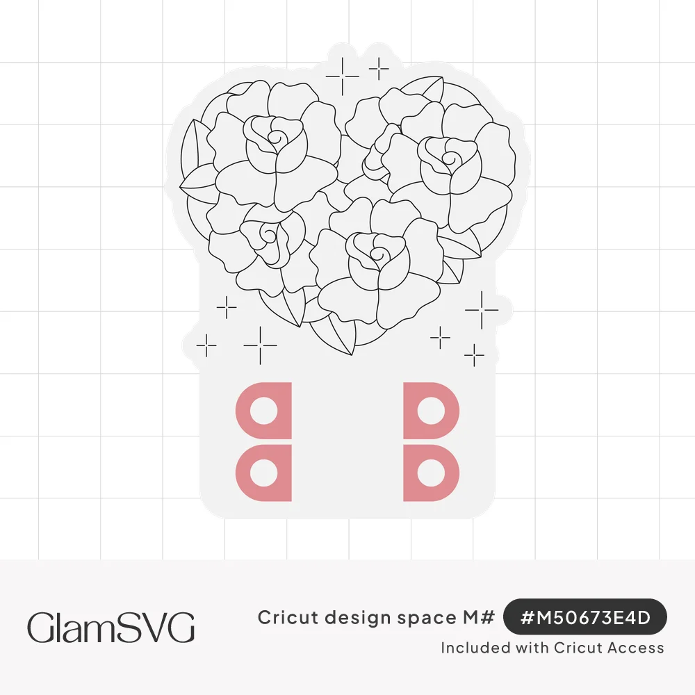 Coloring card with a heart made of outlined roses and leaves, sparkles, and slots below for holding two crayons