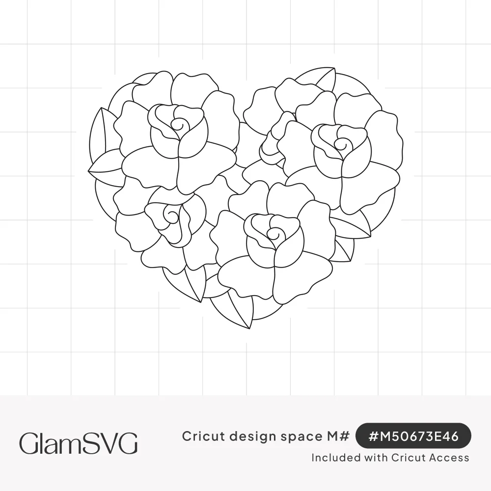Line art heart filled with outlined roses and leaves, surrounded by a smooth offset border