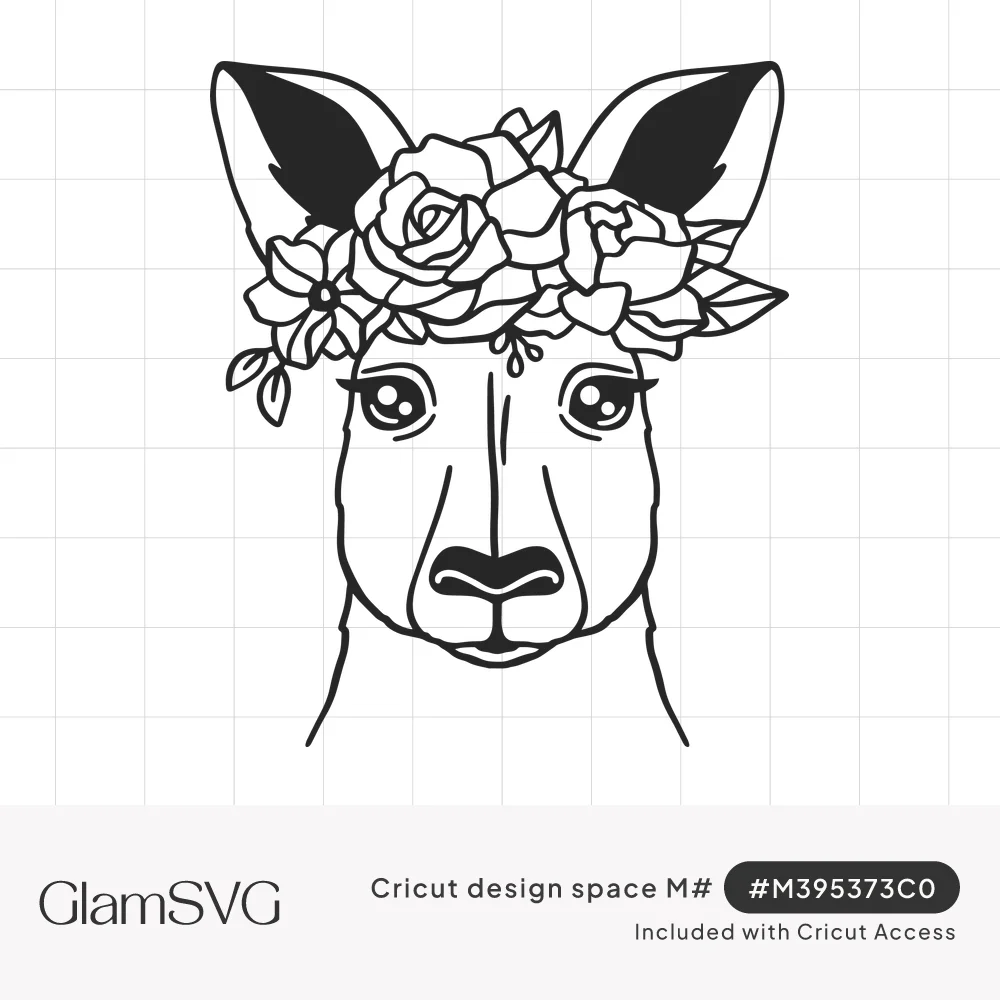 Black line art of a kangaroo's face wearing a flower crown of roses and small blossoms between its tall ears